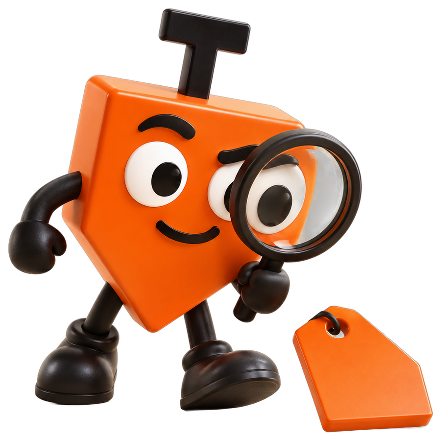 Prumim, o mascote do Prumo, conferindo o preço com uma lupa